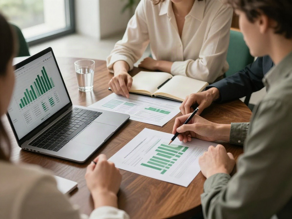 Consultants working through business analytics and planning documents together